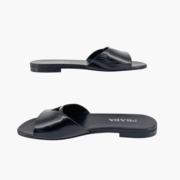 Prada Black Leather Triangle Logo Cutout Mule Slide Sandal Flat Size 39.5 US 9.5 - Picture 10 of 15